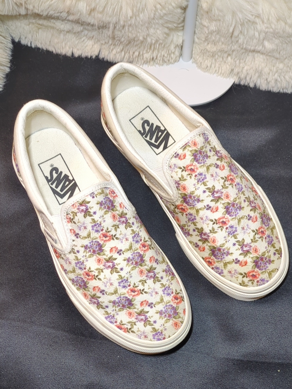 Vintage Vans Floral Canvas Slip-On Sneakers in Cream w/Pink & Purple Blooms $45